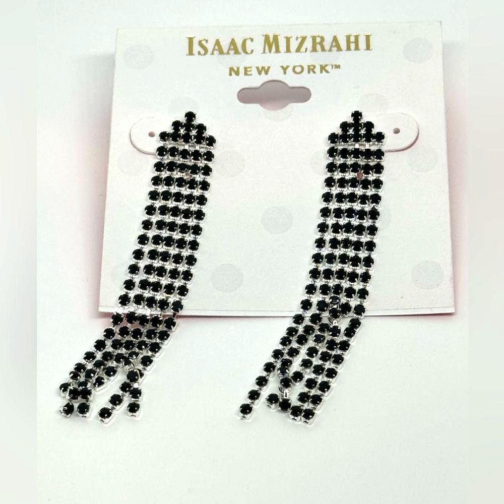 ISAAC MIZRAHI Silver Tone Black Crystal Dangling Post  Earrings